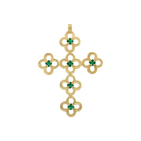 Pendente Croce in oro giallo 18kt e granati verdi