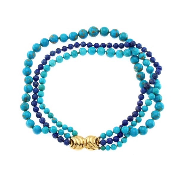 Three-strand of turquoise howlite and lapis lazuli necklace