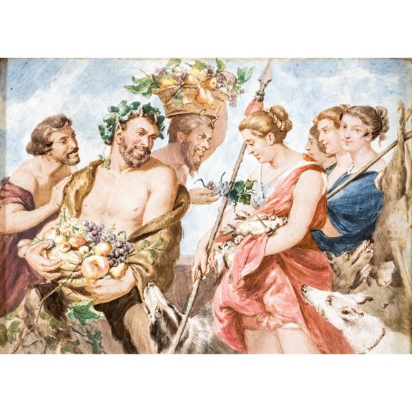 Placca in maiolica dipinta  (Italia, XIX Sec.)  - Asta Arredi, Sculture, Dipinti Antichi e del XIX Secolo - I - Colasanti Casa d'Aste