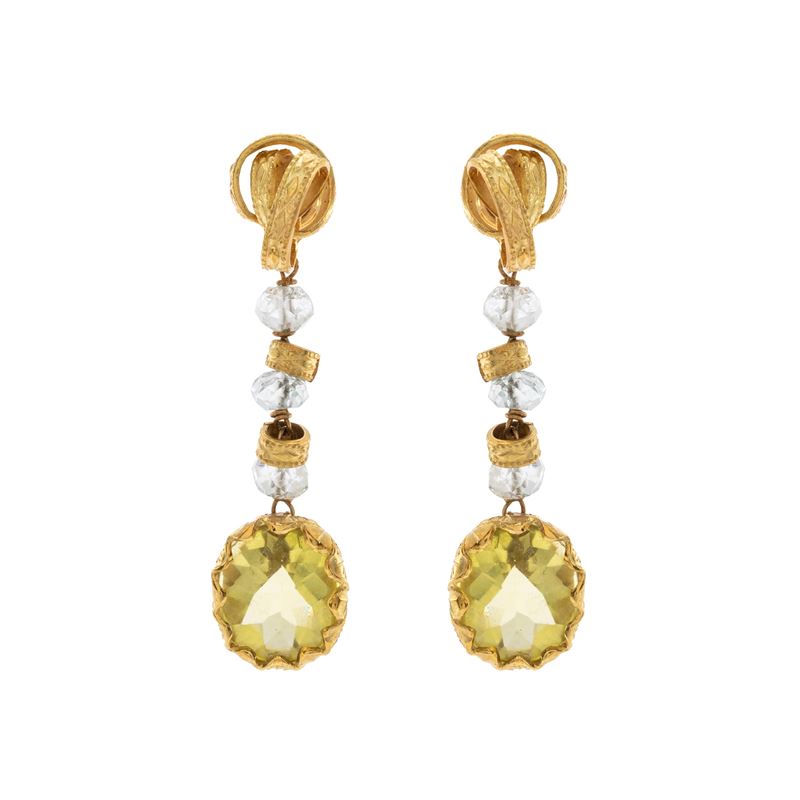 Orecchini pendenti in oro giallo 18kt con acquemarine e quarzi citrini