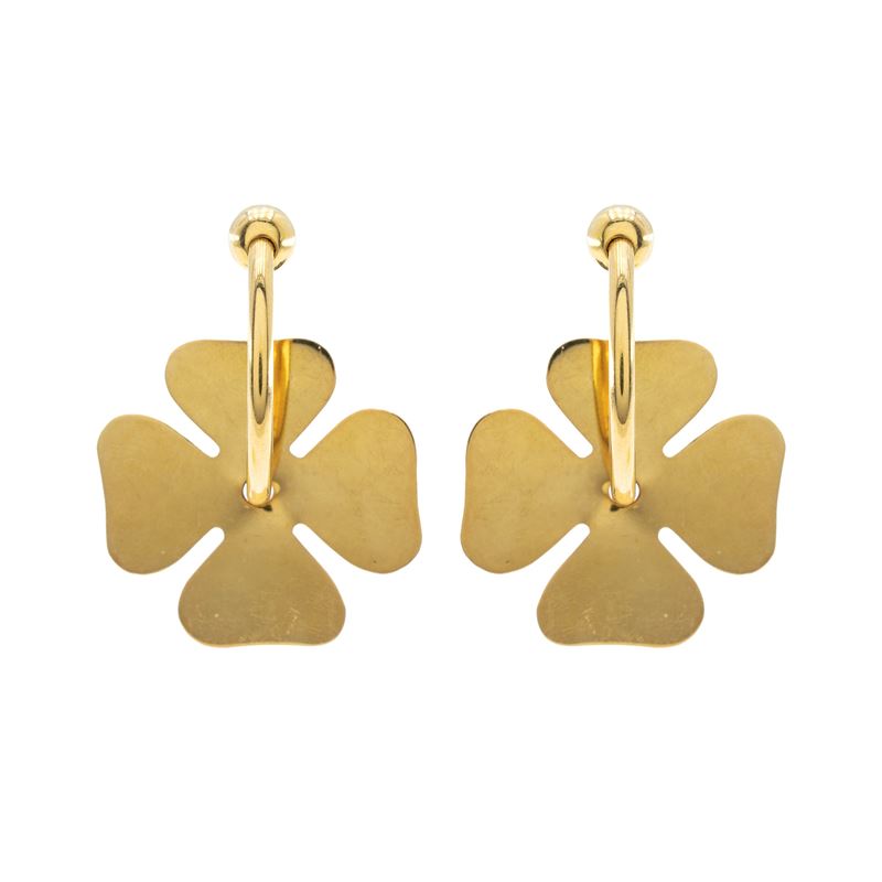 Orecchini semicerchi con pendenti a quadrifoglio in oro giallo 18kt, peso 11 gr.