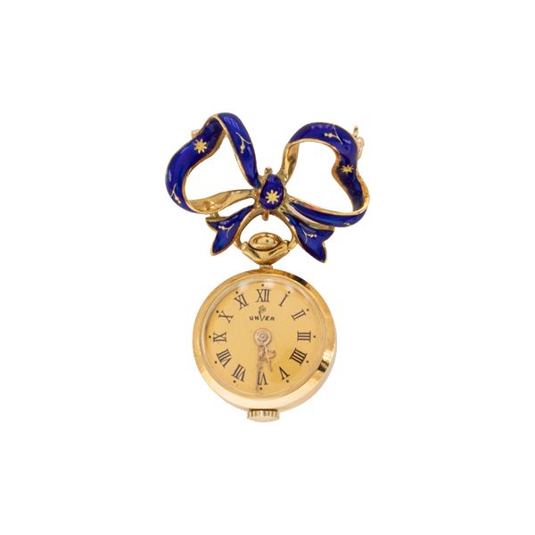 Spilla orologio in oro giallo 18kt e smalto blu