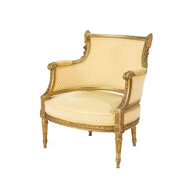 Armchair in partially gilded wood and fabric  (France, 19th century)  - Auction Furniture, Sculptures, Old Master and 19th Century Paintings - I - Colasanti Casa d'Aste