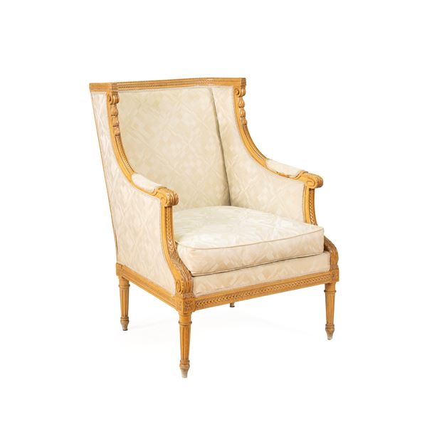 Wood and fabric Bergère armchair