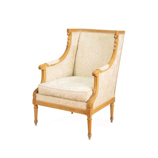 Wood and fabric Bergère armchair