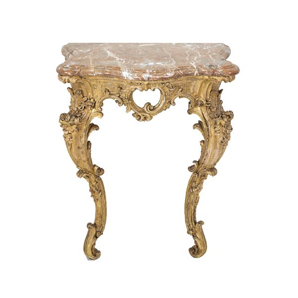 Gilded wood and marble console  (France, 18th - 19th century)  - Auction Furniture, Sculptures, Old Master and 19th Century Paintings - I - Colasanti Casa d'Aste