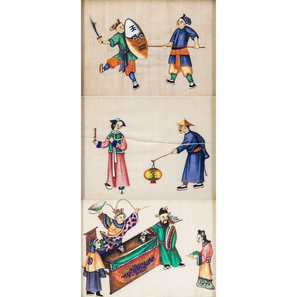 Tre disegni su carta di riso  (Cina, XIX- XX Sec.)  - Asta Opere del XIX - XX secolo Web Only - Colasanti Casa d'Aste