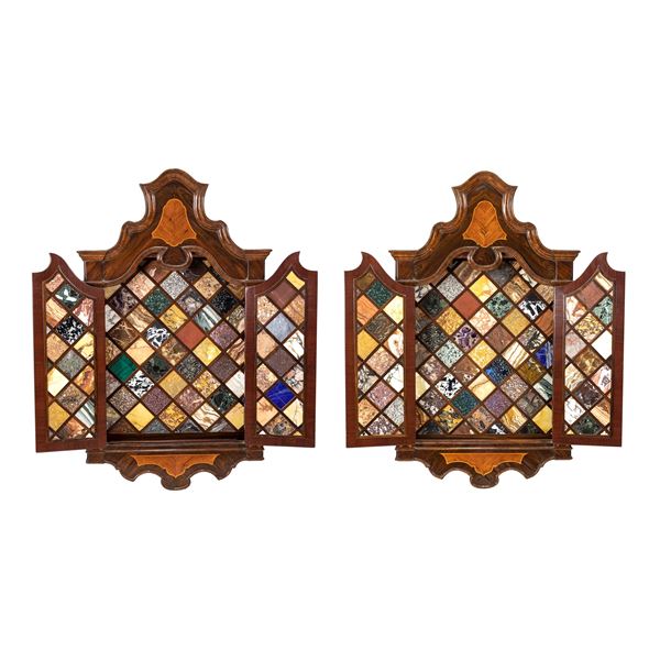Pair of marble samples within wooden cases