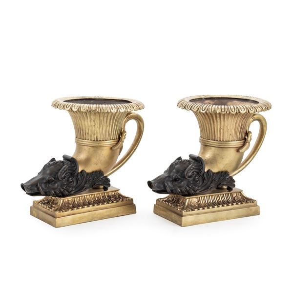 Pair of gilded and burnished bronze cornucopias