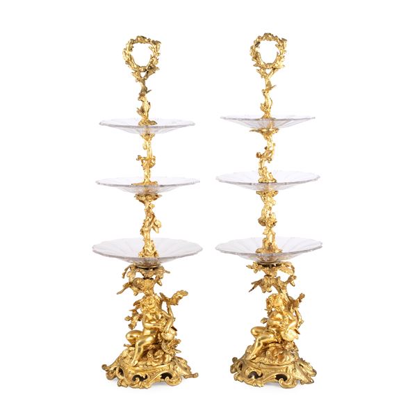 Pair of gilded bronze and crystal stands