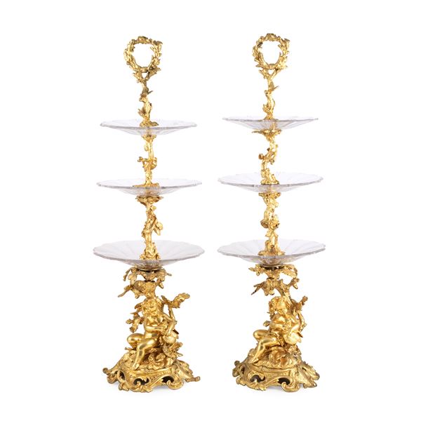 Pair of gilded bronze and crystal stands  (France, 19th century)  - Auction Furniture, Sculptures, Old Master and 19th Century Paintings - I - Colasanti Casa d'Aste