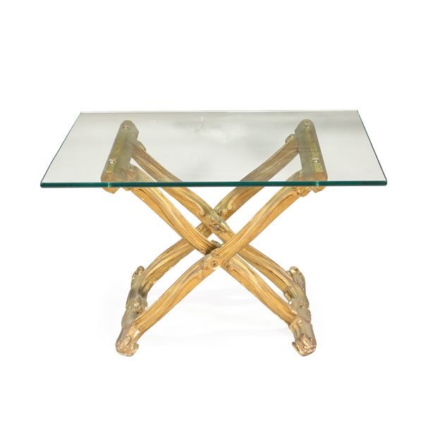 Tavolino in legno dorato e cristallo