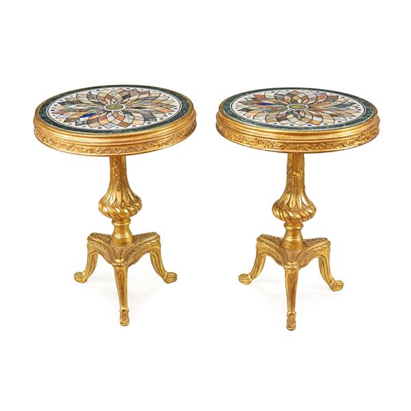 Pair of  polychrome marble and gilded wood coffee tables