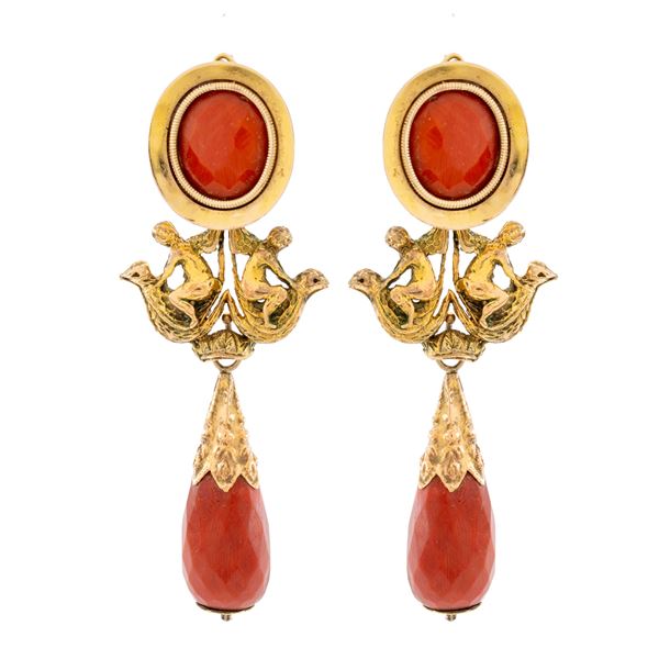 12kt yellow gold and red coral Bourbon earrings  - Auction Jewels and Watches - Colasanti Casa d'Aste