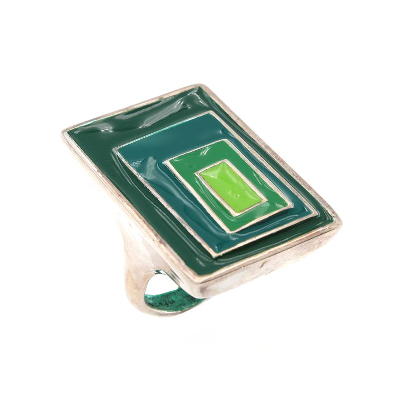 Anello Geometrico in Argento e Smalto Verde