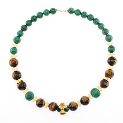 Collana in Argento Dorato Sfere in Malachite ed Occhio di Tigre