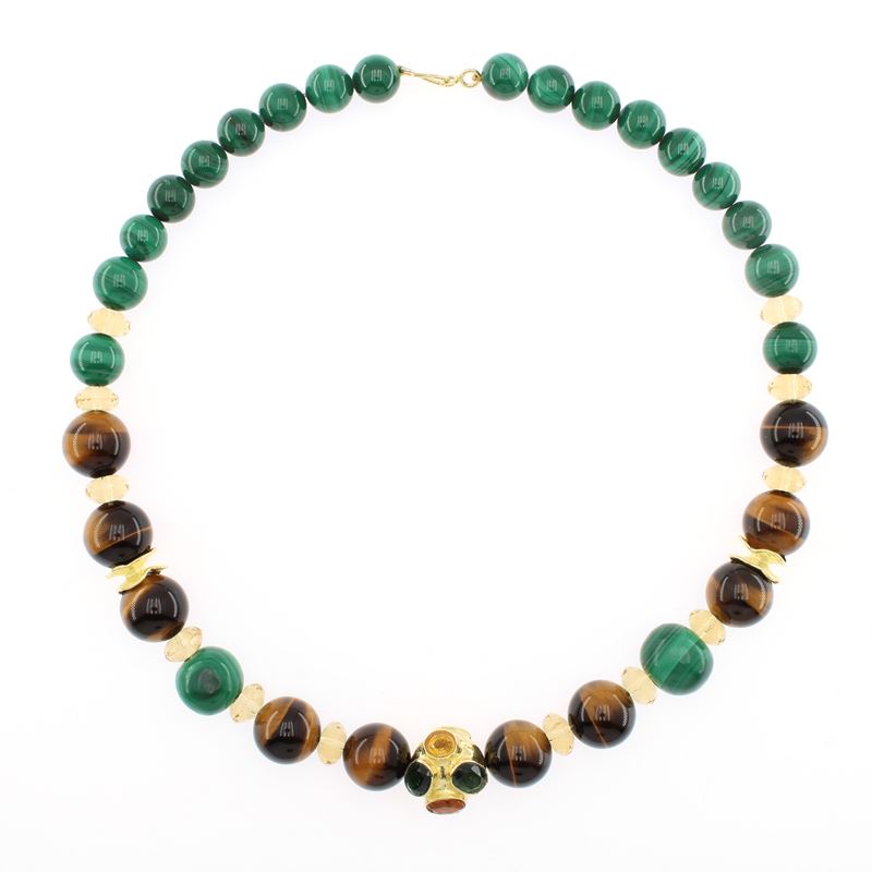 Collana in Argento Dorato Sfere in Malachite ed Occhio di Tigre