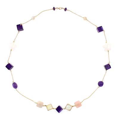 Collana in Oro Giallo 18kt con Ametista Alternata a Calcedonio Rosa