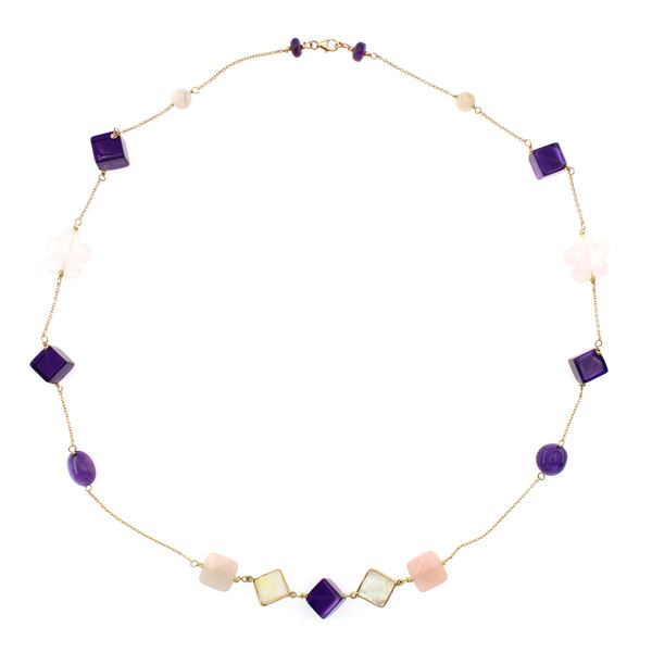 18kt yellow gold necklace with amethyst and pink chalcedony