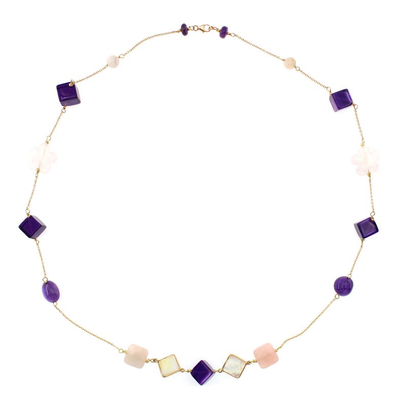 Collana in Oro Giallo 18kt con Ametista Alternata a Calcedonio Rosa