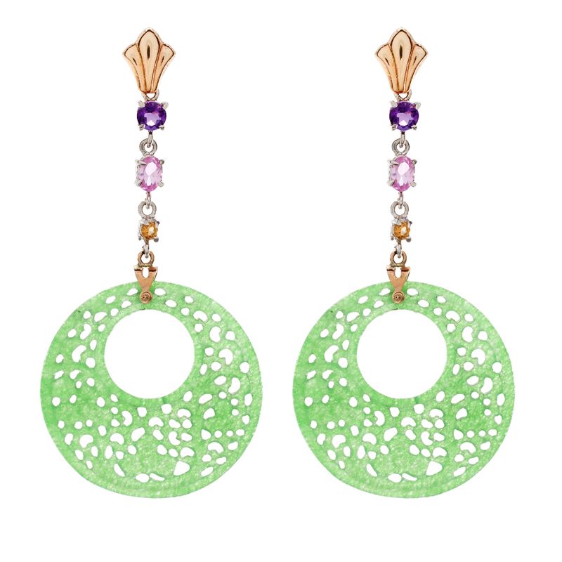 Orecchini Pendenti in Oro 9kt, Argento e Giada Verde Incisa