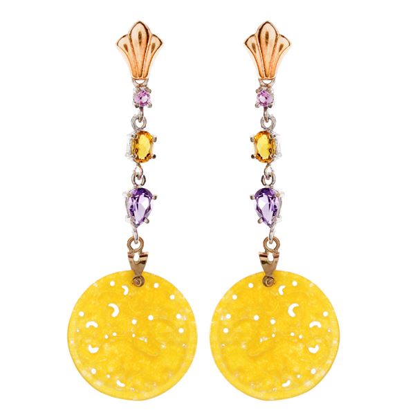 9kt gold, silver and engraved yellow jade npendant earrings
