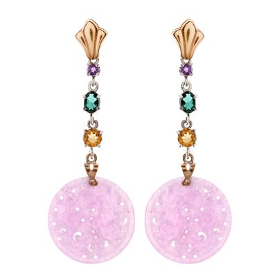 Orecchini Pendenti in Oro 9kt, Argento e Giada Lavanda Incisa