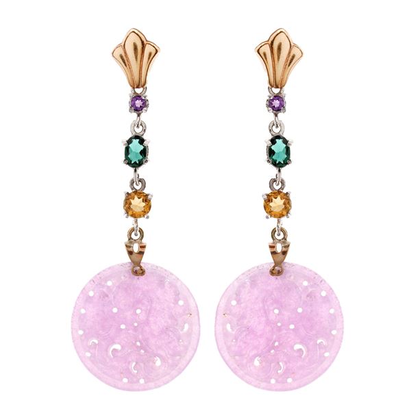 9kt gold, silver and engraved lavender jade pendant earrings