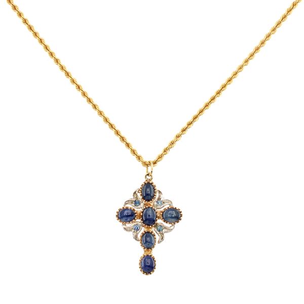 18kt yellow gold, silver and sapphires cross pendant