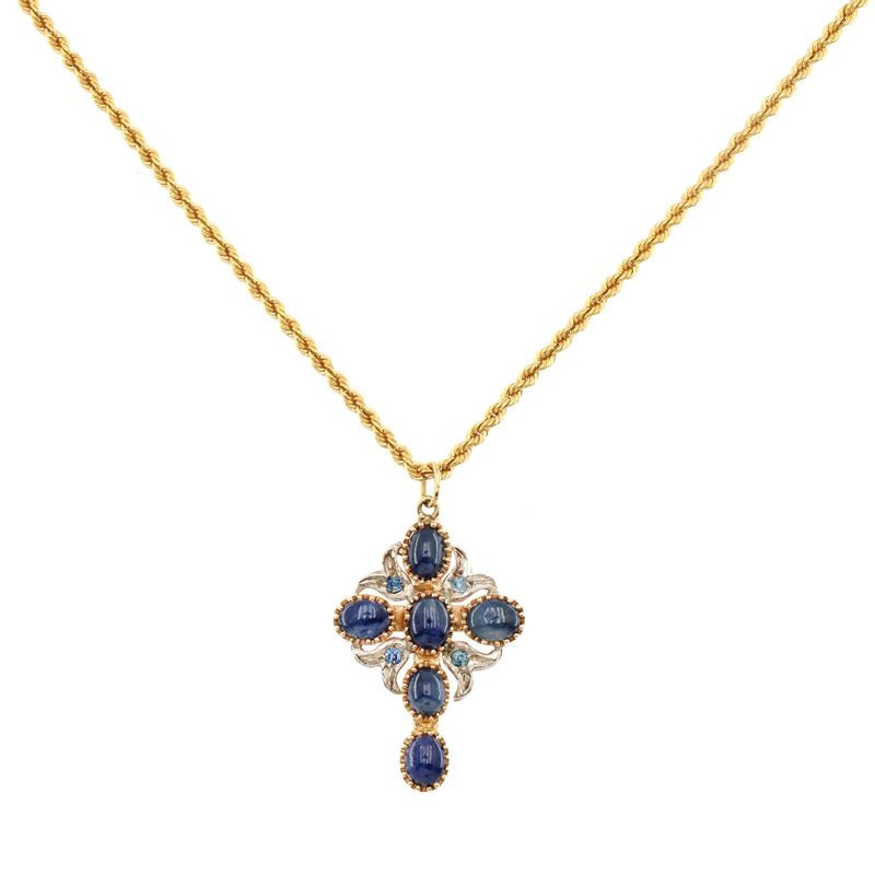 Pendente Croce in Oro Giallo 18kt e Argento con Zaffiri