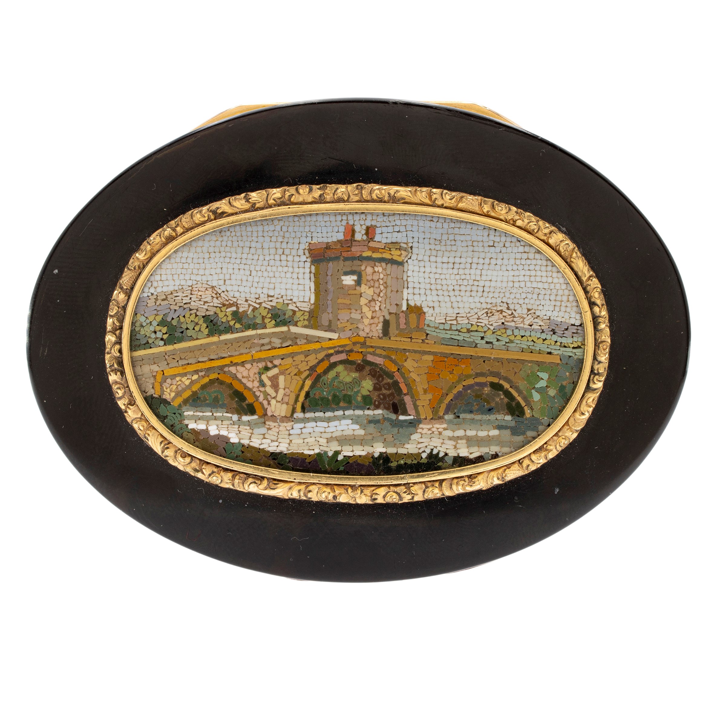 Tabacchiera in Lacca, Oro Giallo e Micromosaico