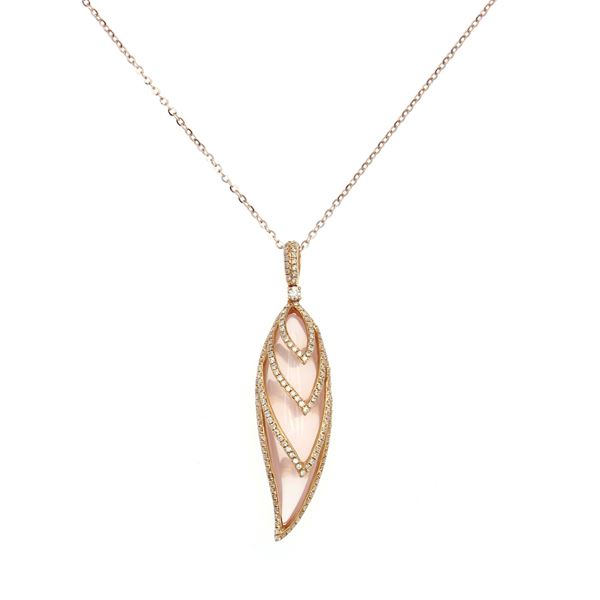 Pendente in oro rosa 18kt, quarzo rosa e diamanti