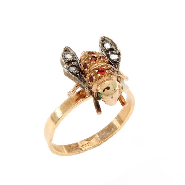 9kt yellow gold and silver bee ring