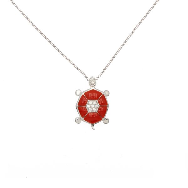 18kt white gold with coral and diamonds turtle shaped pendant
