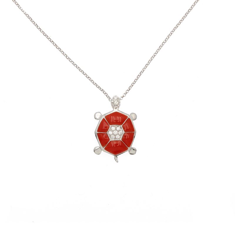 Pendente Tartaruga in Oro Bianco 18kt, Corallo e Diamanti