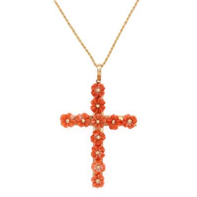 Pendente Croce in Oro Giallo 14kt e Fiori di Corallo