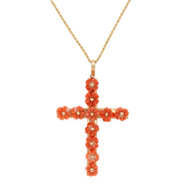 14kt yellow gold and coral flowers cross pendant