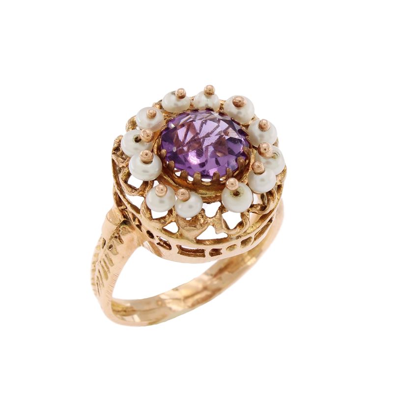 Anello in Oro Rosa 14kt, Ametista e Perline