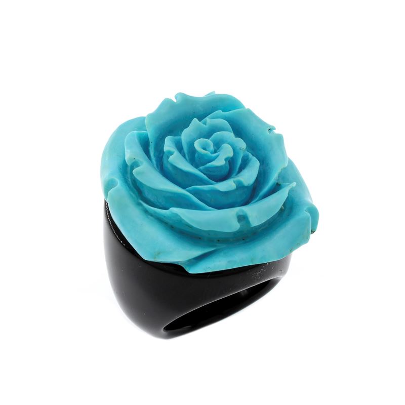 Anello in Onice Nero e Rosa in Pasta di Turchese
