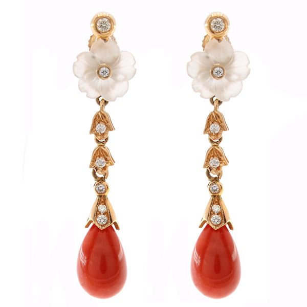 14kt rose gold, rock crystal, diamonds and coral pendant earrings