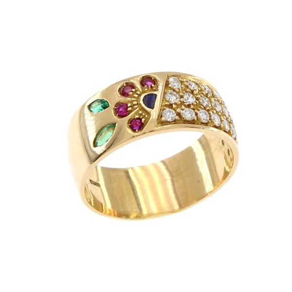 18kt yellow gold with diamonds, rubies and emeralds band ring