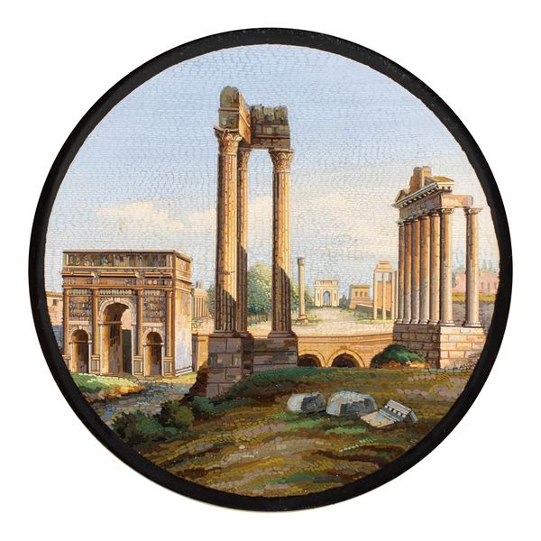 Placca circolare in micromosaico su nero del Belgio