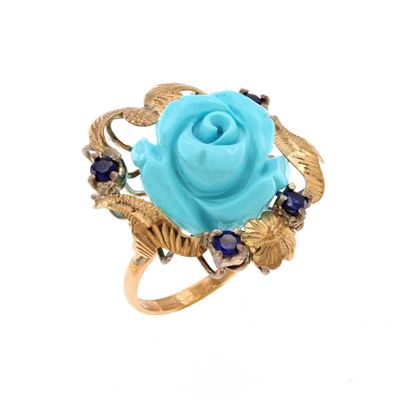 Anello in Oro Giallo 9kt, Rosa in Pasta di Turchese e Zaffiri