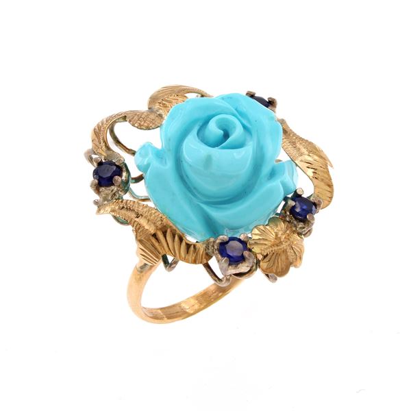 9kt yellow gold with turquoise paste and sapphires ring