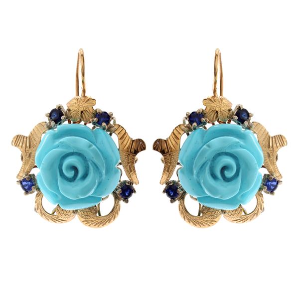9kt yellow gold, turquoise paste and sapphires leverback earrings