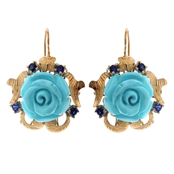 9kt yellow gold, turquoise paste and sapphires leverback earrings