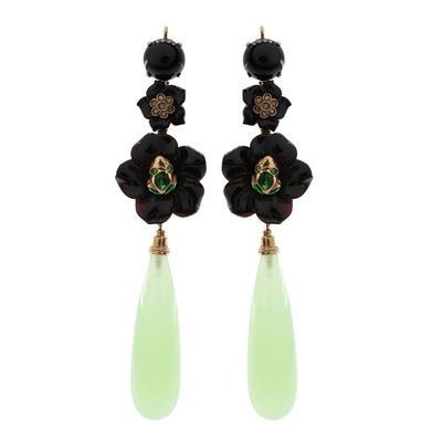 Orecchini Pendenti Rane in Oro 9kt, Onice Nero, Rose di Diamante, Smalto e Smeraldi
