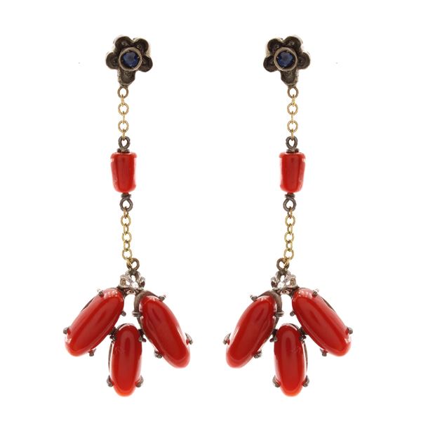 Antique pendant earrings in 9kt gold and coral silver, sapphires and diamond roses