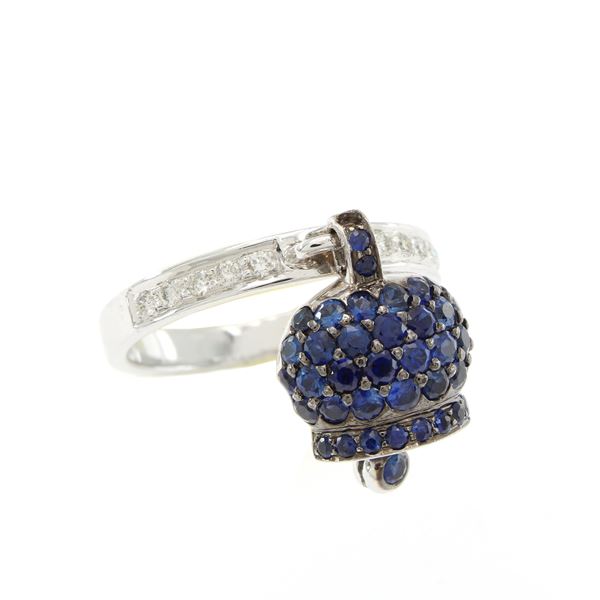 Anello campanella pendente in oro bianco 18kt, zaffiri e diamanti