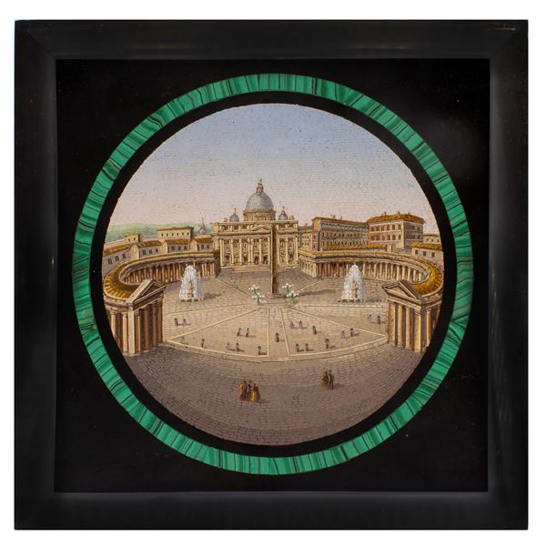 Circular micromosaic plaque on black Belgian  (Rome, 19th century)  - Auction Furniture, Sculptures, Old Master and 19th Century Paintings - I - Colasanti Casa d'Aste